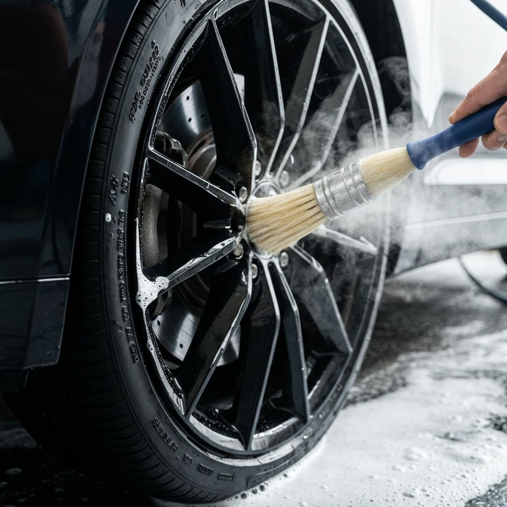 Close-up of professional car detailing — brush cleaning a wheel with eco-friendly steam