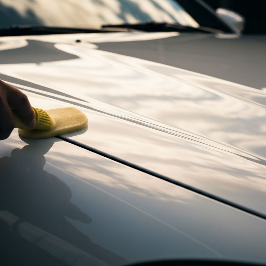 Carnauba wax being polished onto a gleaming white car bonnet